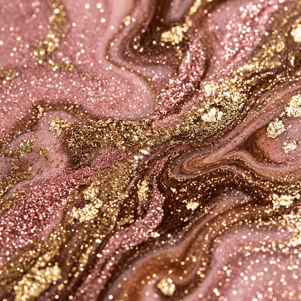 Swirling pink, gold, and brown glitter in an abstract pattern