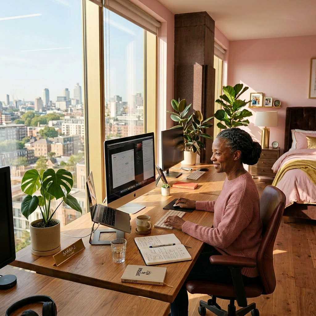 Woman working at a desk with computer and laptop in bright office with city view